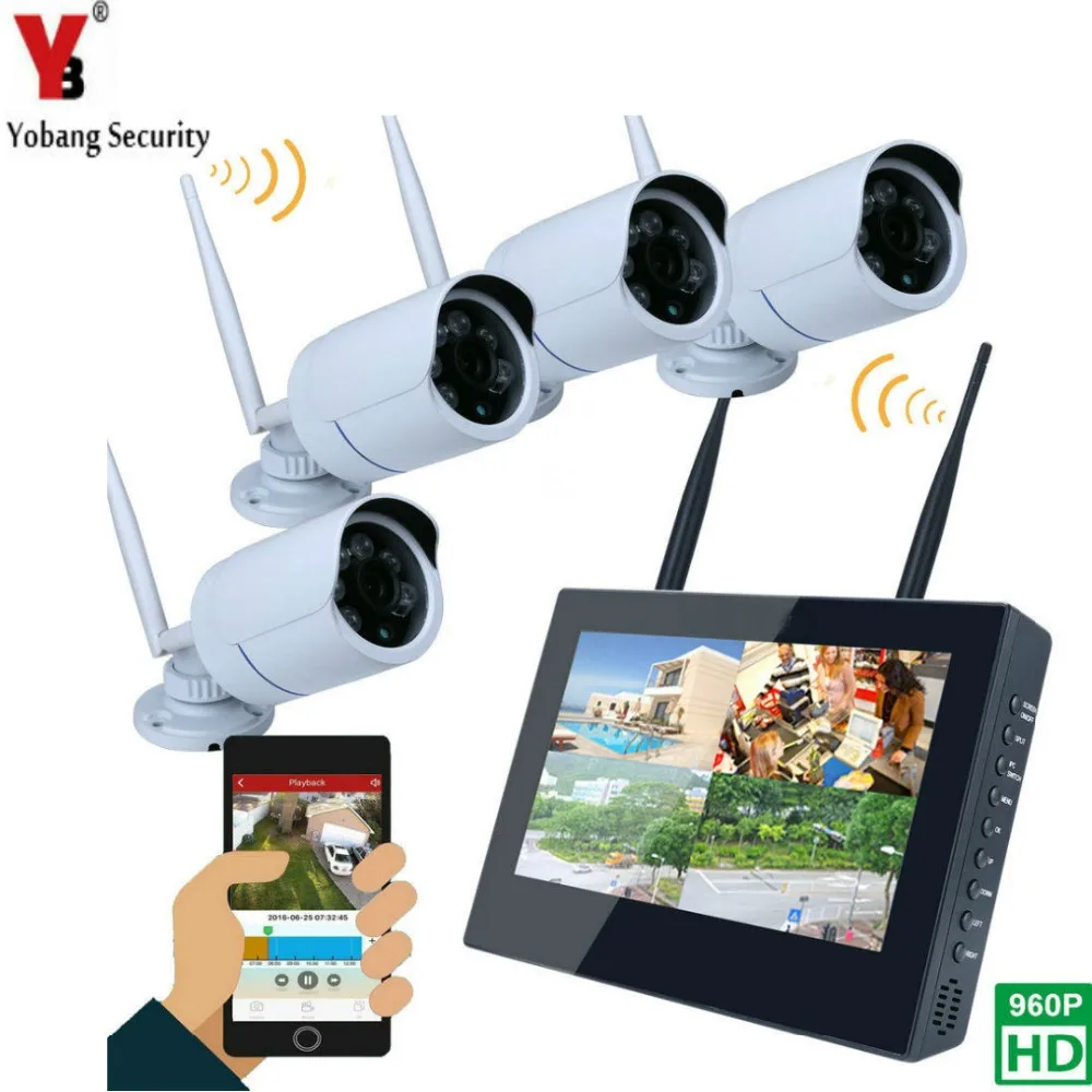 

YobangSecurity 10inch Monitor 4CH 960P Wifi Wireless NVR Recorder Security With 4x 960P 1.3MP Weatherproof outdoor Dome Cameras