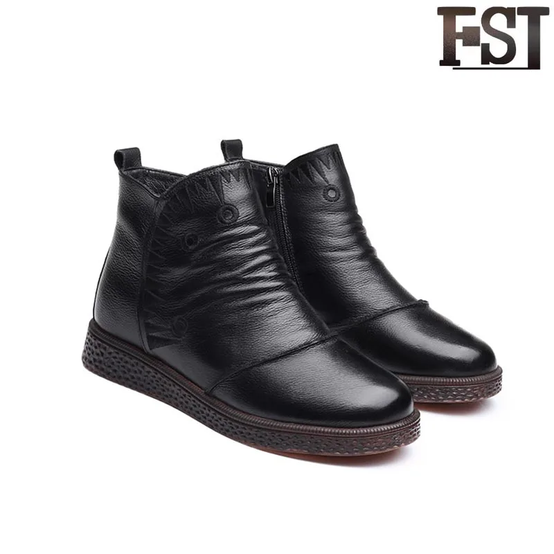 

FSJ Genuine Leather Ladies Woman Boots Zipper Bonded Leather Winter Low Heel Cross-tied Patent Leather Round Toe Retro Shoes
