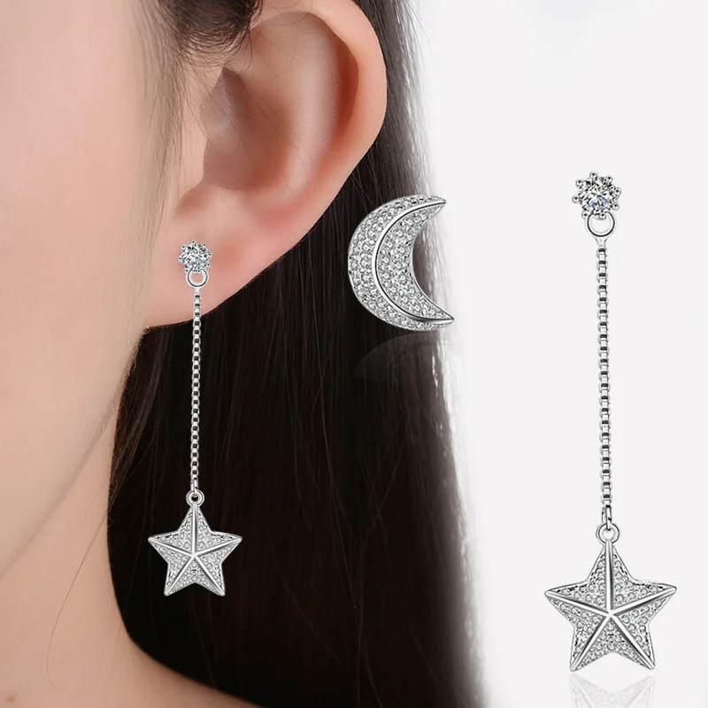 

New Fashion Style Asymmetric Moon Star Pure 925 Sterling Silver Long Tassel Earrings For Women Sterling-Silver-Jewelry eh769