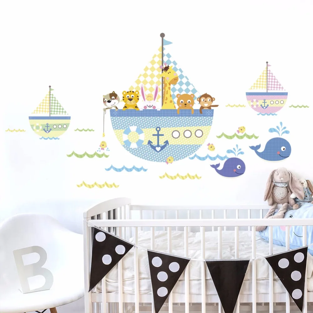 

Cartoon Animals Sailboat Vinyl Wall Stickers Kids room Nursery Bedroom Wall Decor Removable PVC Decals Eco-friendly Art Murals