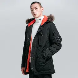 Большие размеры, XL, 2XL, 3XL Мужская куртка с капюшоном зимняя куртка Модные утепленные парки меховая шапка большой карман мужская куртка