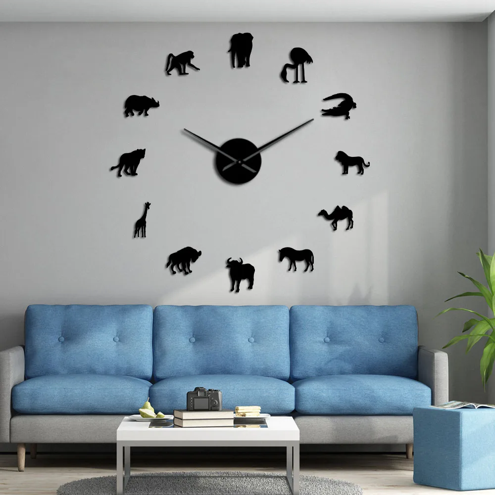 

African Animals Silhouette Wall Stickers African DIY Wall Art Large Wall Clock Safari Wildlife Animal Giant Wall Decor Clock