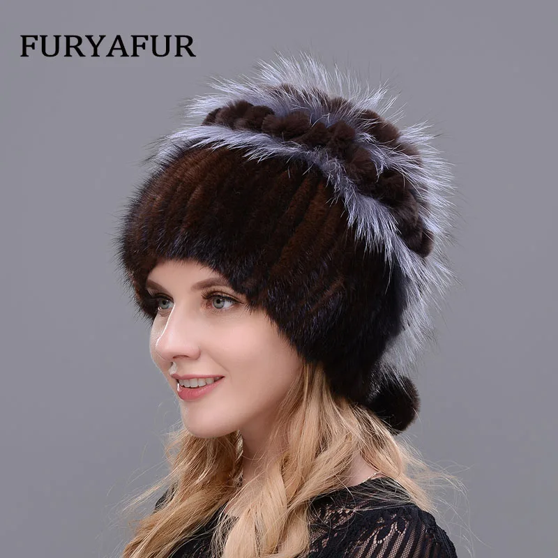 

JERYAFUR Russian Real Natural Mink Hat Warm Double Female Mixed Color Fox Fur Hat Women Silver Double Velvet Luxury Winter Hat