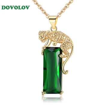 

Dovolov Trendy Zircon Stone Pendant Necklace For Women Cool Animal Cheetah Green Geometric Necklace Accessories Gifts F3