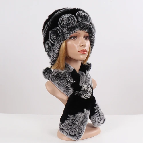 Горячая Распродажа зимние вязаные натуральный мех шапки шарфы женские Теплый Настоящий мех кролика шапка шарф натуральный мех шапка шарф наборы - Цвет: grey black