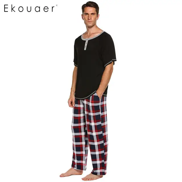 Ekouaer Men Pajamas Set 100% Cotton Soft Sleepwear Short Sleeve Top Plaid Long Pants Pyjamas Set Loungewear Male Home Clothes