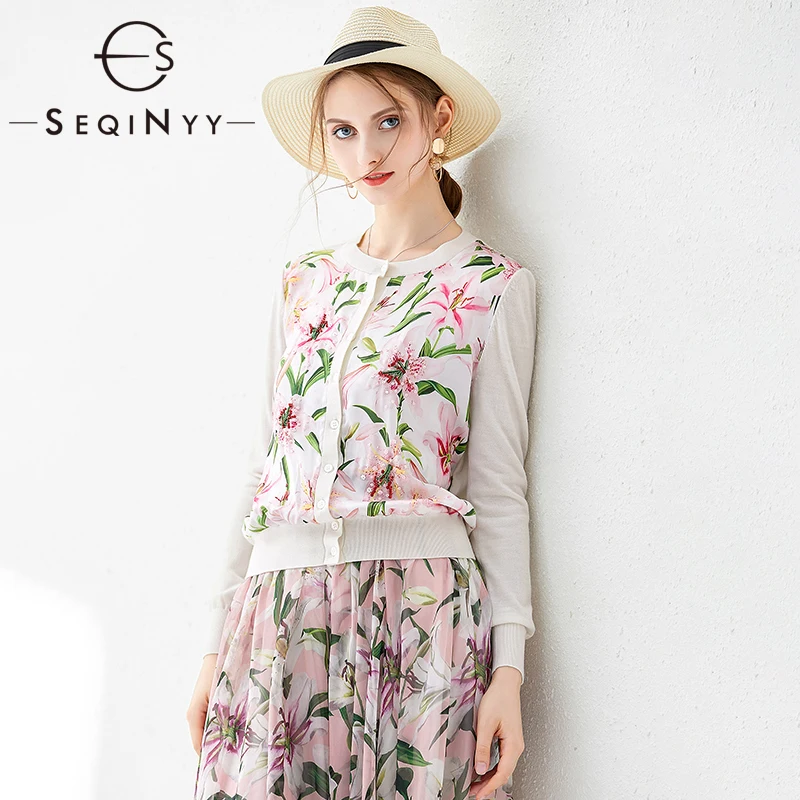 

SEQINYY Sweater 2020 Spring Autumn New Fashion Design Long Sleeve Romantic Lily Flowers Printed Spliced Knitting Top Cardigans