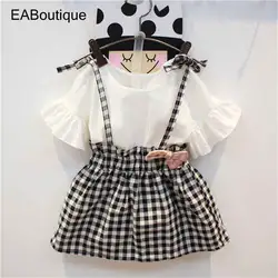 EABoutique/Новый хлопок платье для маленькой девочки подтяжки в клетку Детские платья для девочек с короткими рукавами и круглым вырезом для От