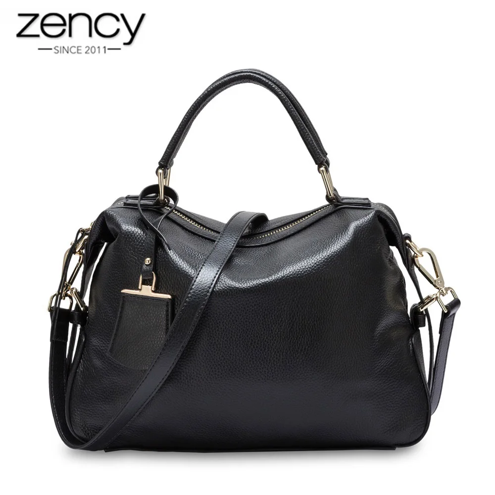 Модная женская сумка тоут Zency из 100% натуральной кожи классическая черная