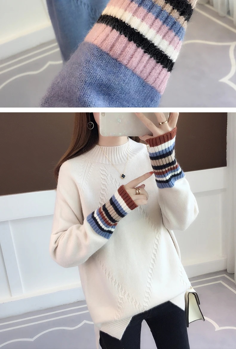 Маленькие и свежие свитера женские новые цветные рукава полувысокий воротник показать стройные и ленивые трикотажные свитера