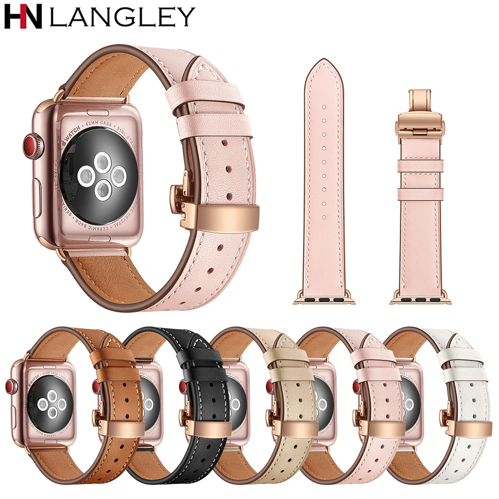 

Genuine Leather Butterfly buckle Watch Bands For Apple Watch Series 4/3/2/1 All Model 40/44 Useful Sports Wrist Strap Bracelet