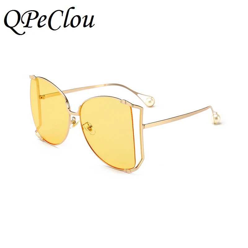 QPeClou, новинка, брендовые полукруглые женские солнцезащитные очки с жемчугом, модная большая оправа, градиентные солнцезащитные очки для женщин, очки унисекс - Цвет линз: Gold Yellow0452