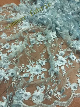 

Tulle French lace fabric with pearls and beads sKY BLUE African lace fabric For Nigerian woman Dress