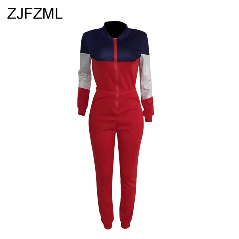 Contrast Color Casual Rompers Womens Jumpsuit Women Long Sleeve Front Zipper One Piece Overall Winter Pockets Plus Size Bodysuit
