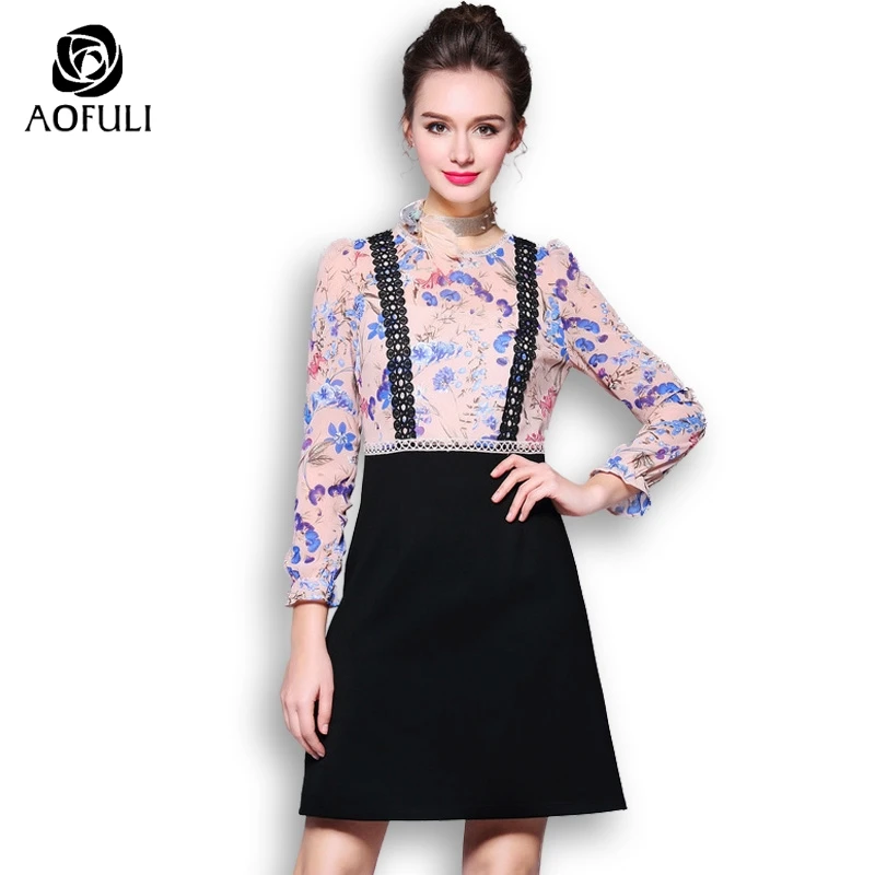 

AOFULI L- XXXL 4XL 5XL Floral Print Pattern Dress Women Long Sleeve Patchwork Dress Plus Size Fake Strap Short Dress 1071