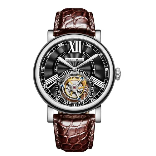 Reef Tiger Classic Serier RGA1999 мужские полые циферблат платье Real Tourbillon автоматические механические наручные часы-серебро - Цвет: p2