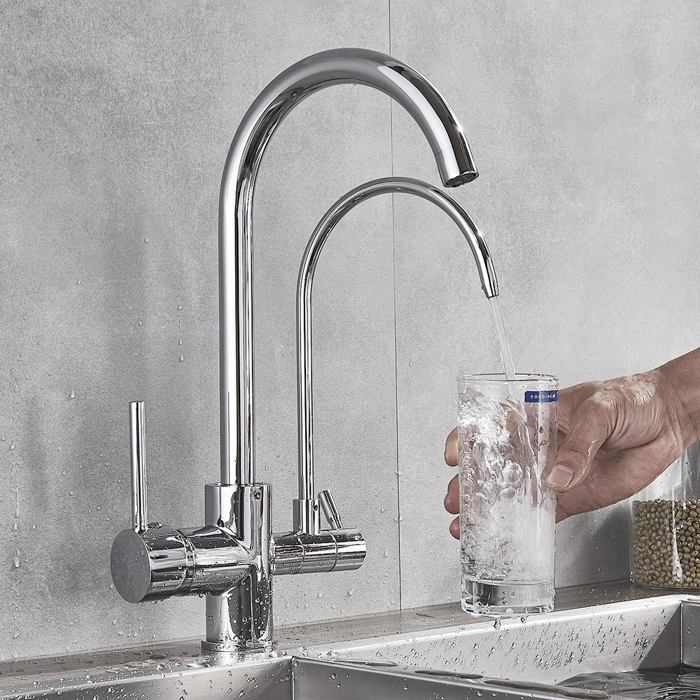 

Waterfilter Taps Chrome kitchen faucets Dual Spout Deck Mounted Mixer Tap 360 Degree Rotation Water Purification Feature Crane