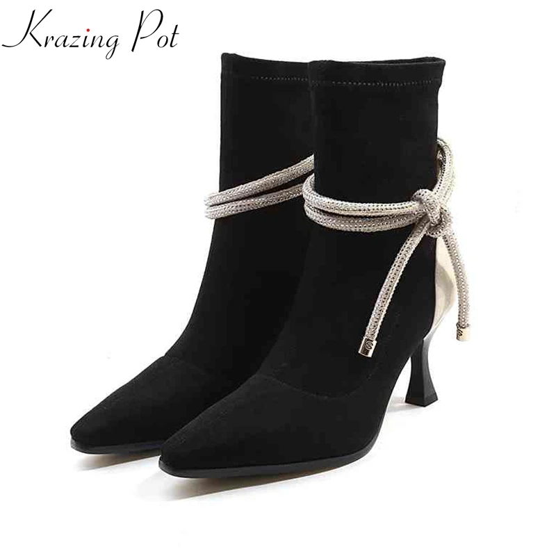 

Krazing Pot 2019 genuine leather velvet stretch boots winter high heel pointed toe mixed color decoration bowtie ankle boots L10