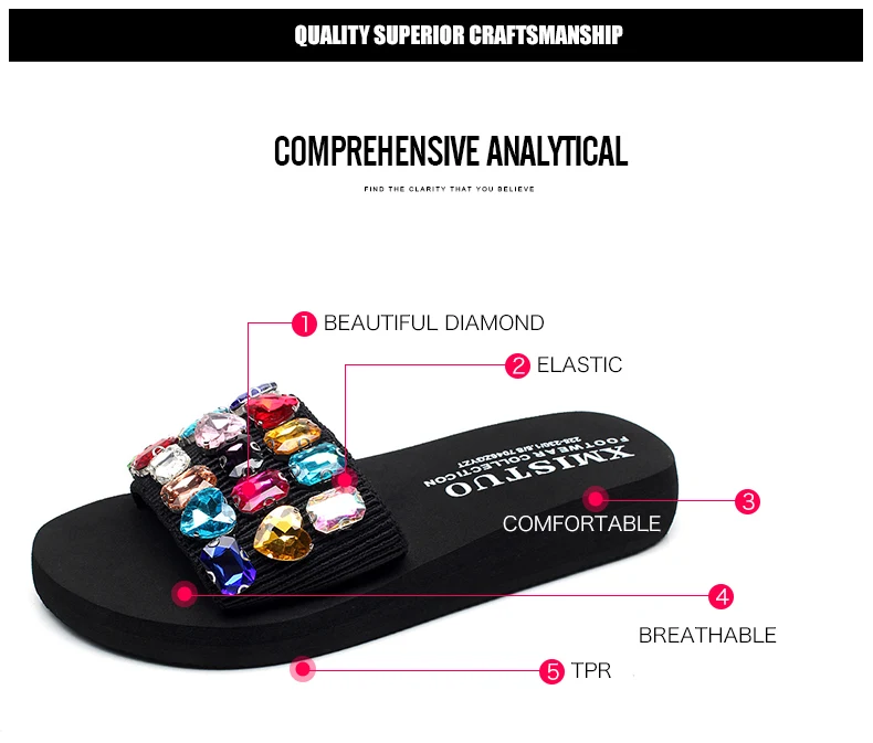 XMISTUO Модные женские тапочки с твердыми бриллиантами женские летние пляжные водостойкие 3 см на низком каблуке тапочки 9 цветов 7167