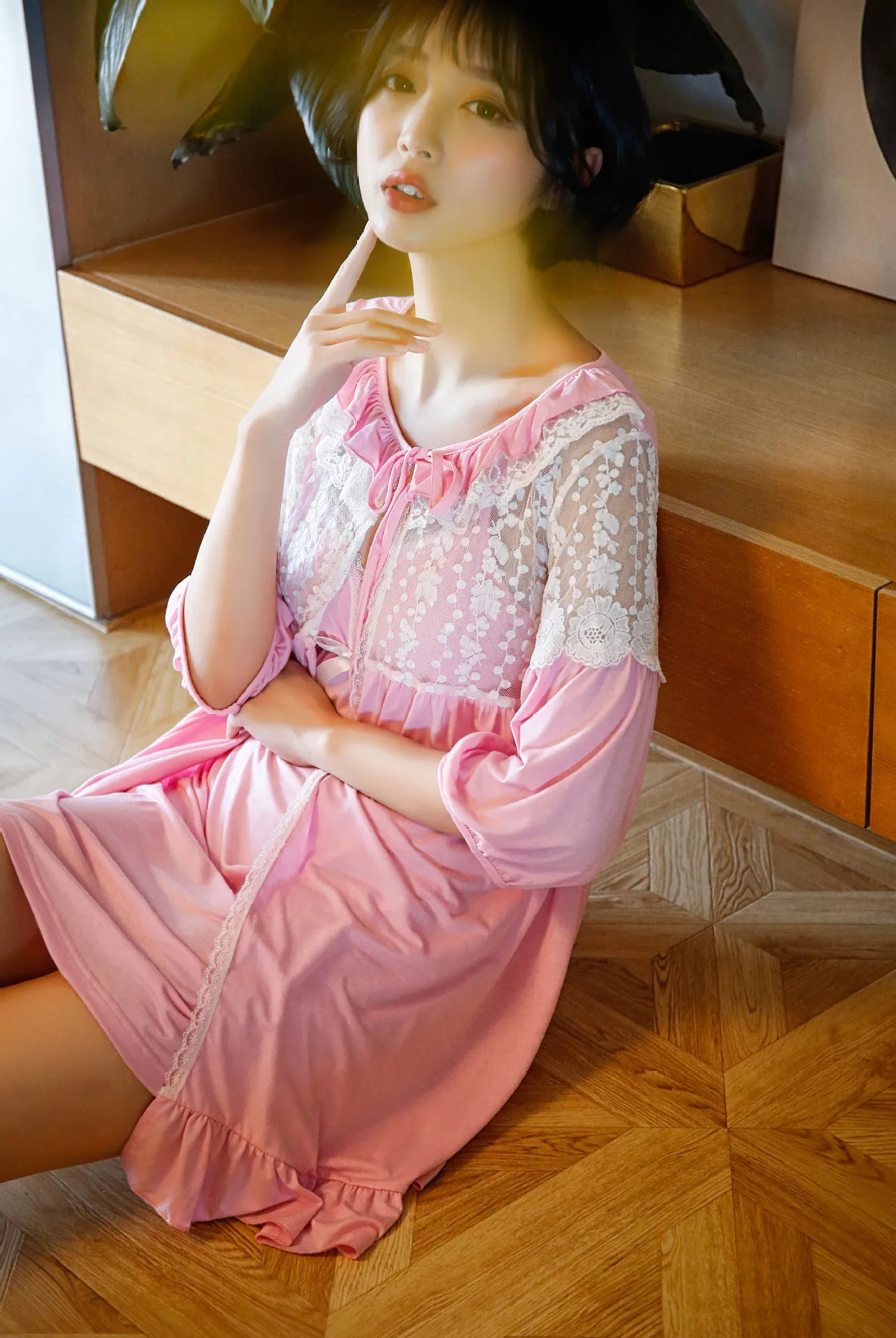 Весна и лето халат комплект вышитые кружева пижамы Твердые Модальные женские пижамы платье Половина 2 шт. домашняя одежда для сна
