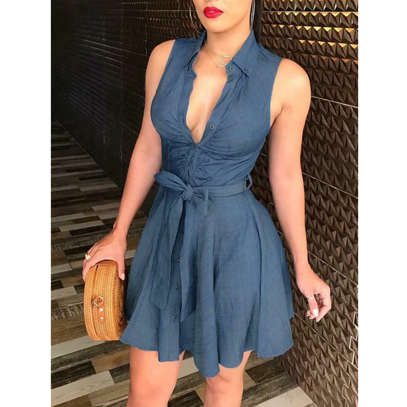 

New Women Casual Solid Shirt Dress Summer Sexy V Neck Sleeveless Bandaeg Draped Mini Dresses Lady Office Slim Fit Ruched Dress