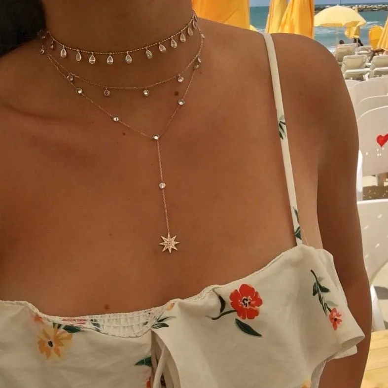 OL lady fashion jewelry sun burst charm pendant cz station link chain long sexy women lariat Long chain layer necklace