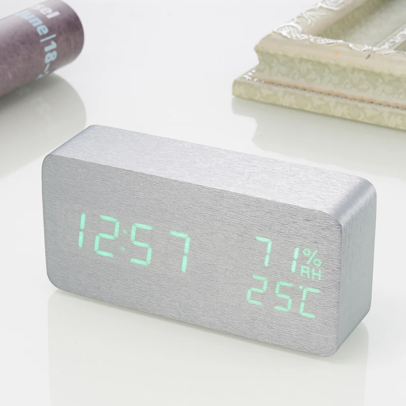 

LED Sound Control Alarm Clocks Wooden Despertador Temperature Display Alarm Clock Electronic Desk Clock Digital Wood Table Clock