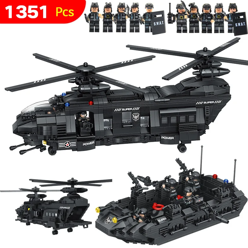 

LegoINGLYS Swat Team Model Building Blocks Chinook Transport Helicopter Corps Figures Compatible SWAT City Police Toys 1351Pcs