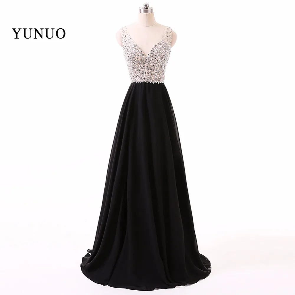 

Newest Black A Line Chiffon V Neck Sleeveless Long Evening Dresses 2019 Backless Beading Floor Length Evening Dress YN80501