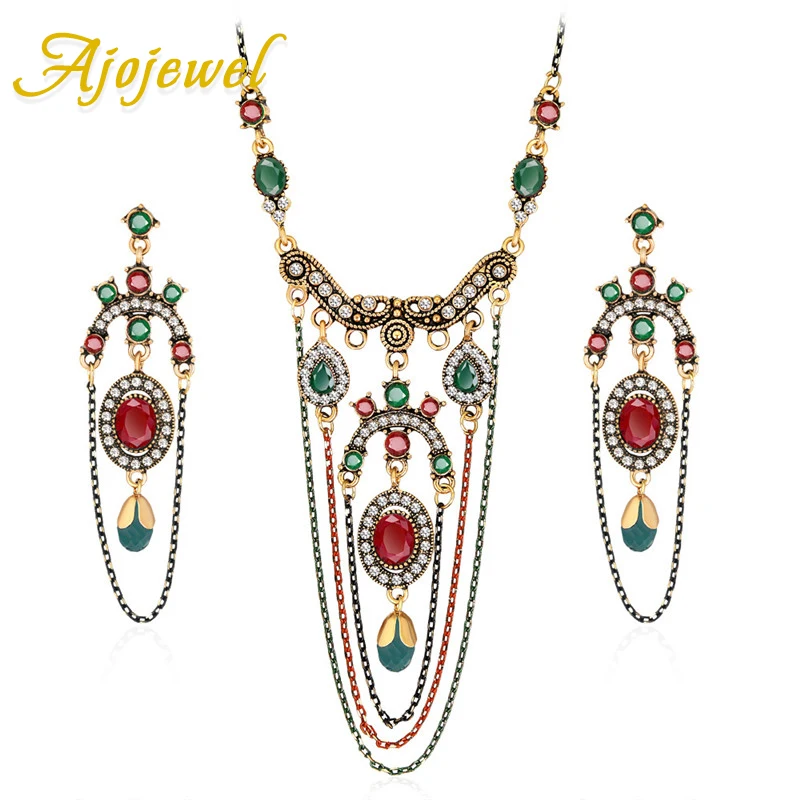 

Ajojewel Colorful Stone Ethnic Jewelry Sets For Women Indian Jewlery Tassel Earrings Necklace Set Turkish Jewelry Supplies