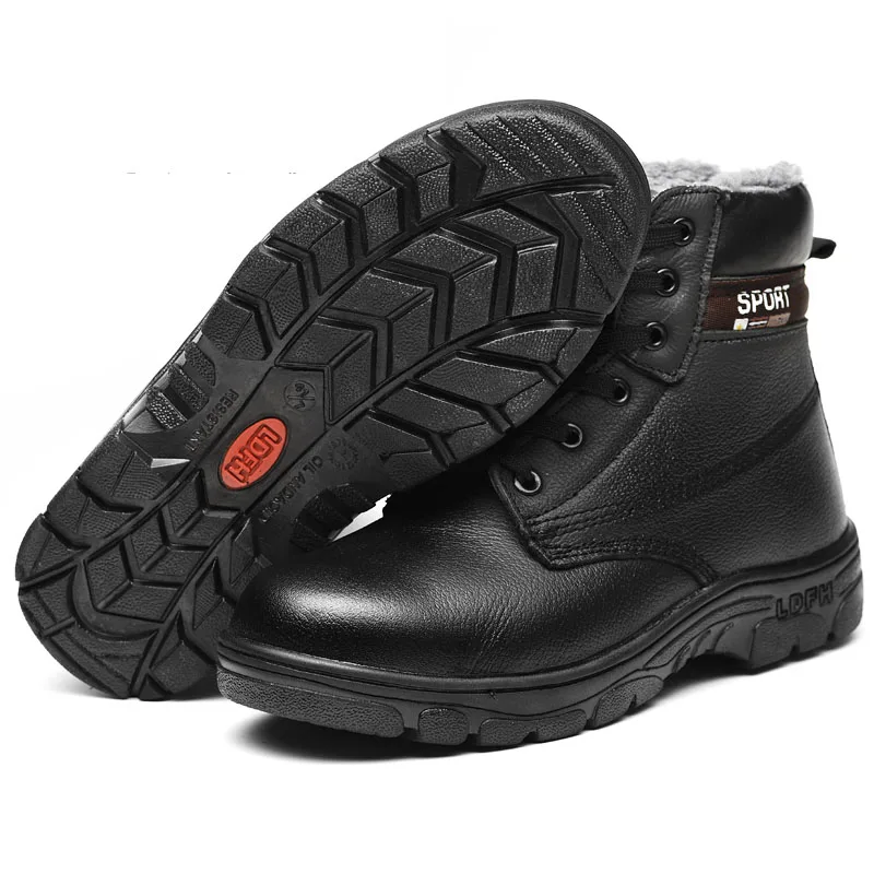 Зимняя защитная обувь Мужская Рабочая обувь из натуральной кожи военные ботинки со стальным носком, на шнуровке, с прокалыванием Большие размеры 36-46 - Цвет: Black