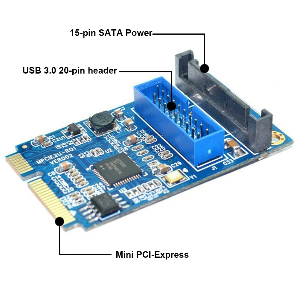 Материнская плата En-Labs Mini PCI Express to Dual USB 3,0 20-pin Add On Card Add On, Mini PCIe PCI-e to 2 ports USB 3,0 w/SATA power