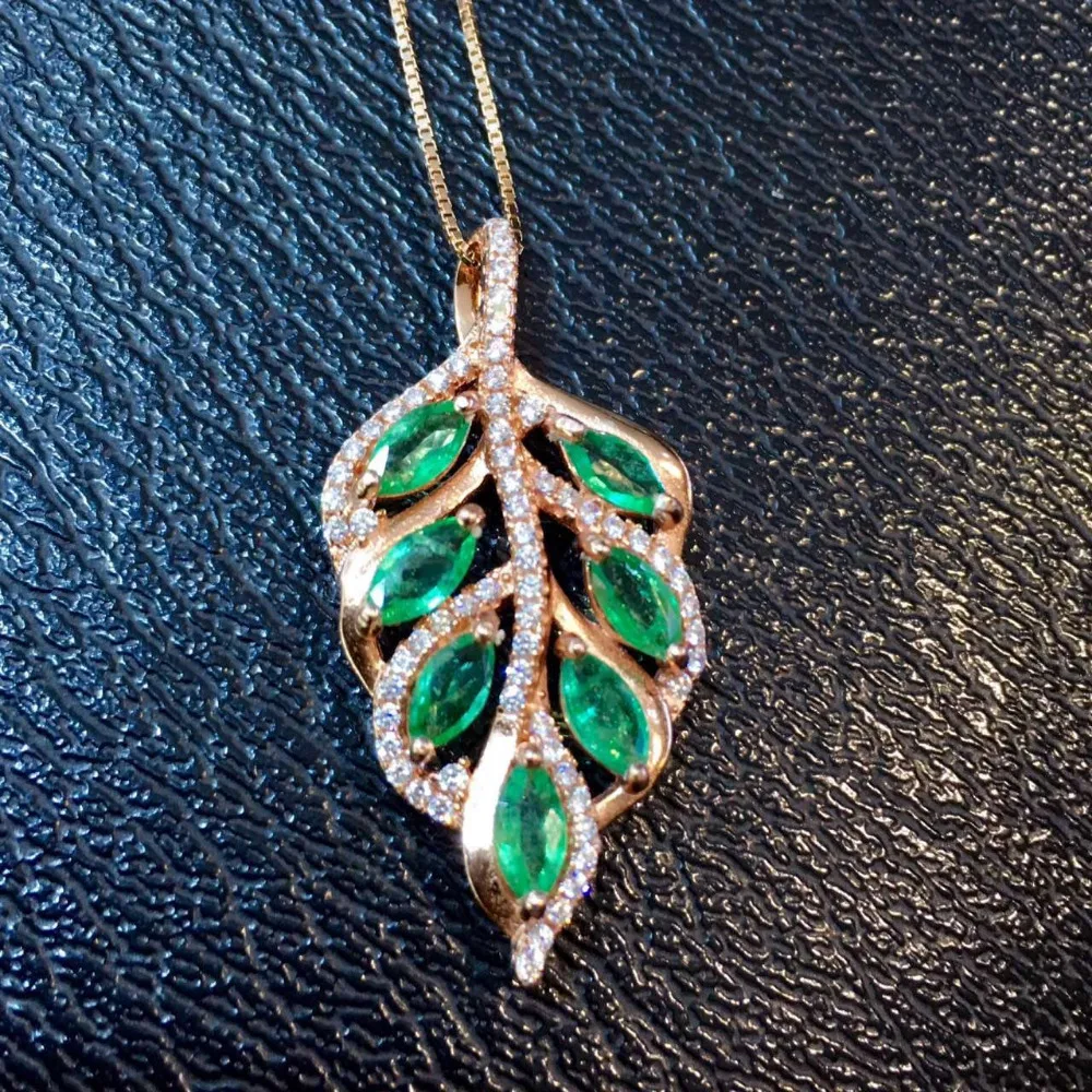 Натуральный изумруд камень подвеска серебро 925 природный камень кулон Цепочки и ожерелья модный роскошный большие листья женщин девушки ювелирные изделия