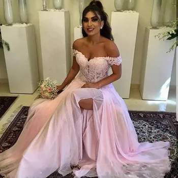 

Custom Made Pink A Line Evening Dresses V Neck Appliques Side Split Evening Party Dress Floor Length Women's Special Occasion Go