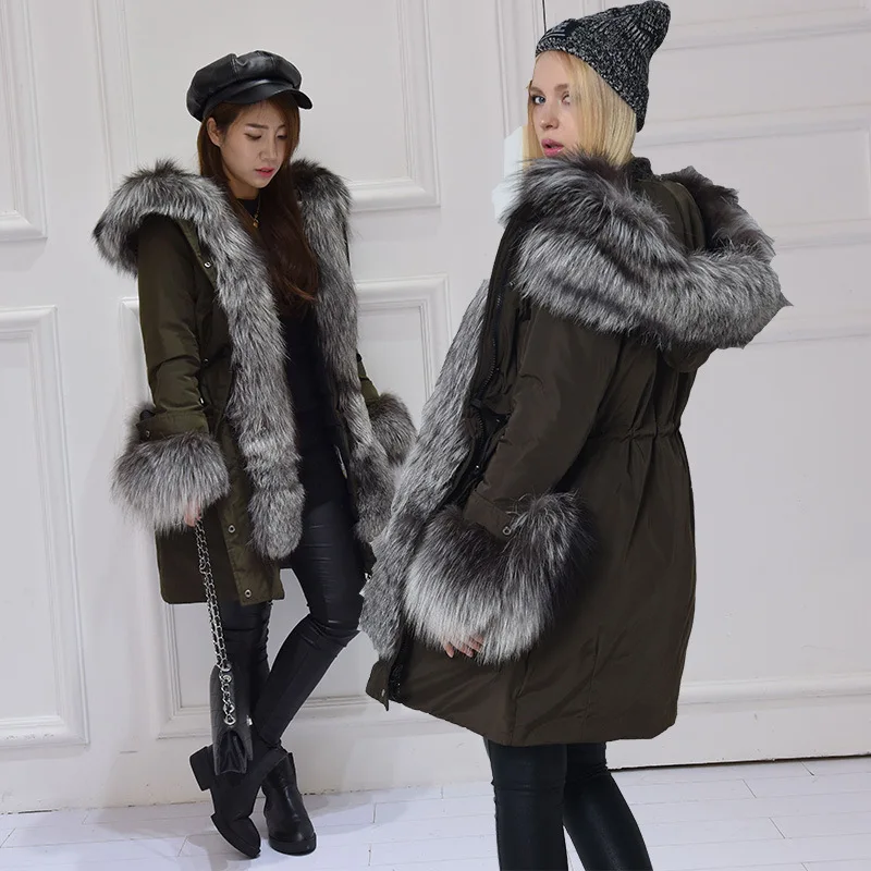 Pour Col D'hiver Veste Manteau Neige De Fourrure Blanc Moyen Canard Argent Femmes Survêtement Long Nouveau Noir 2019 Luxueux Duvet Renard Parkas PSFXxqTFd