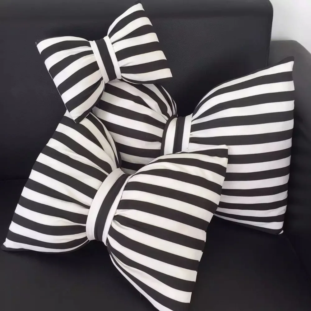 Super Cute Soft Cartoon Big Striped Black And White Bowknot Pillow 