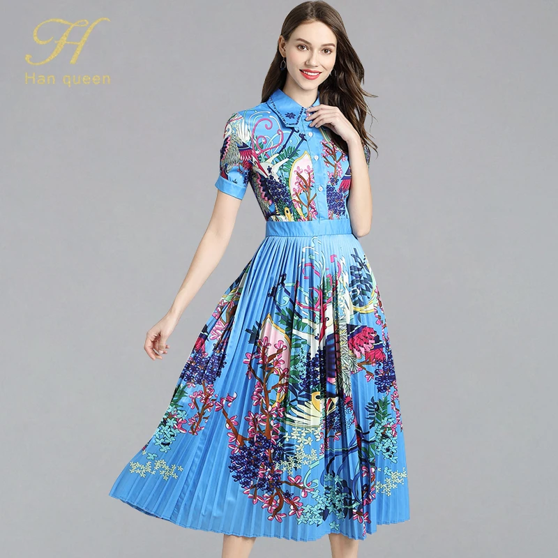 

H Han Queen New Arrival Summer Pleated Runway Vintage Jacquard Dress Slim A-Line Party Print Knee-length Vestidos