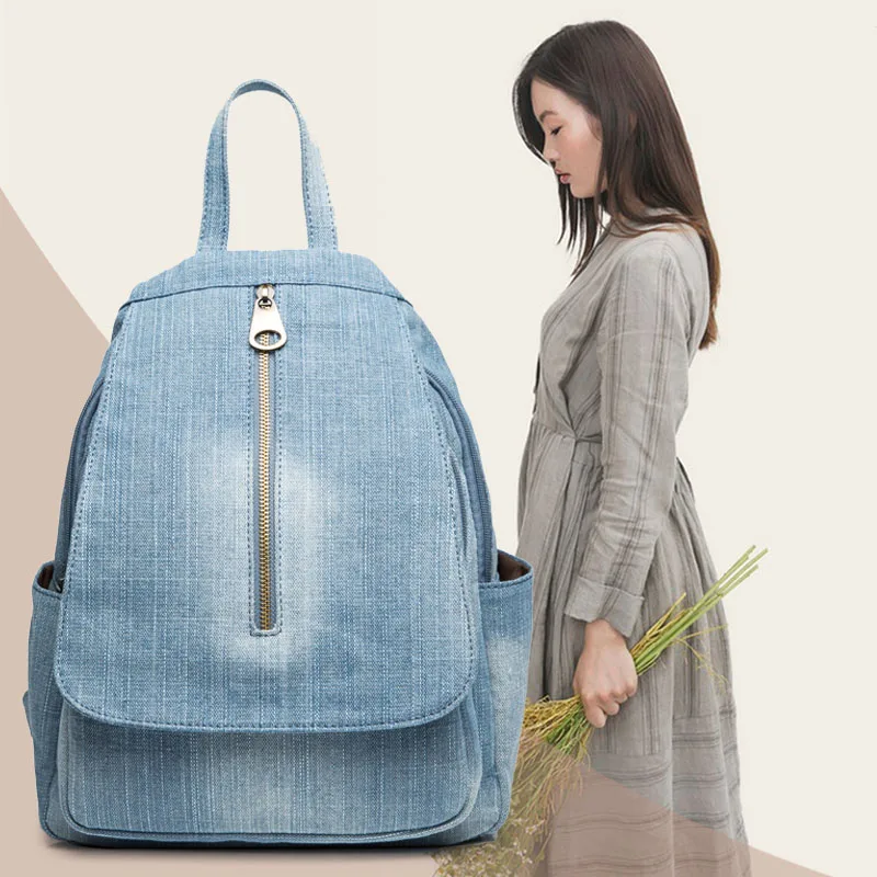 Feminina de Alta Rdywbu Azul Denim Lona Mochila Qualidade Bolsa Pacote Grande Capacidade Escolar Jeans Viagem B755 14 Bolsas e Malas