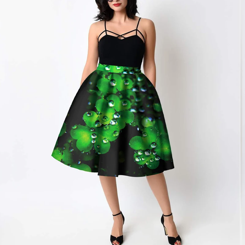 

Vintage Floral Skirt 50s Pin up Style Rockabilly Swing Skirts Green Pleated 3D Vintage Streetwear High Waist Retro Tutu Skirt