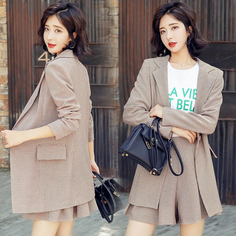Female Set 2019 Spring and Autumn New Fashion Lady Two-piece Casual Slim Plaid Long Small Suit Jacket Half-length Mini Skirt