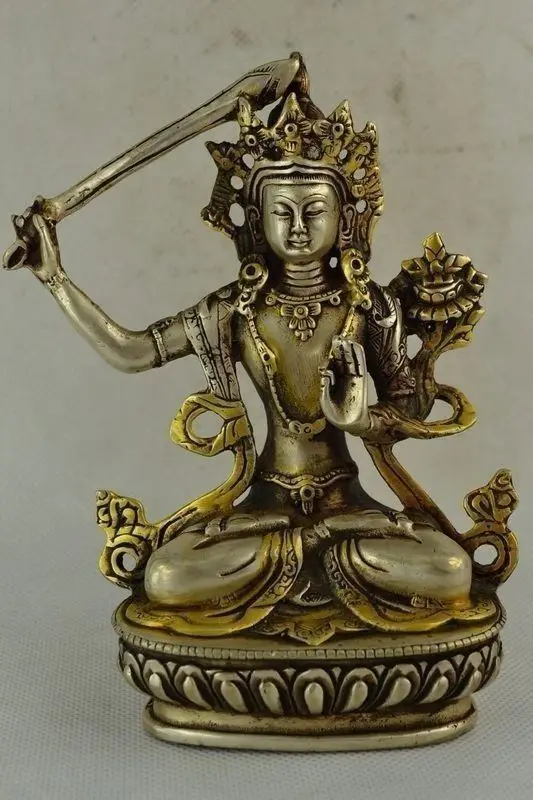 

Old Decorated Handwork Miao Silver Gilding Carving Buddha Exorcise Statue