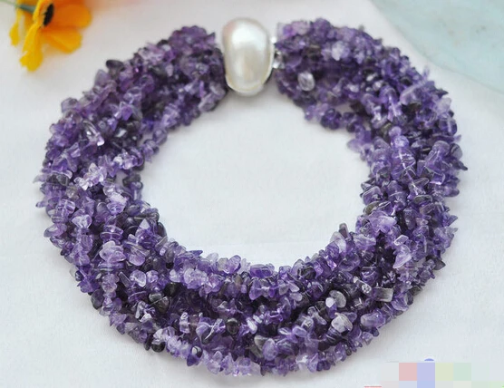 

Wholesale FREE SHIPPING >>> S1410 10row 17" nature purple amethyst detritus necklace mabe pearl clasp