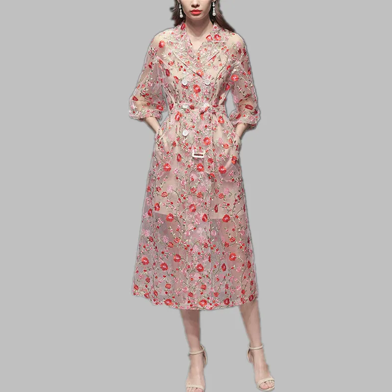 

HAMALIEL Runway Double Breasted Mesh Summer Dress Vintage Women Floral Embroidery Tull Notched Party Dress Fashion Midi Vestidos