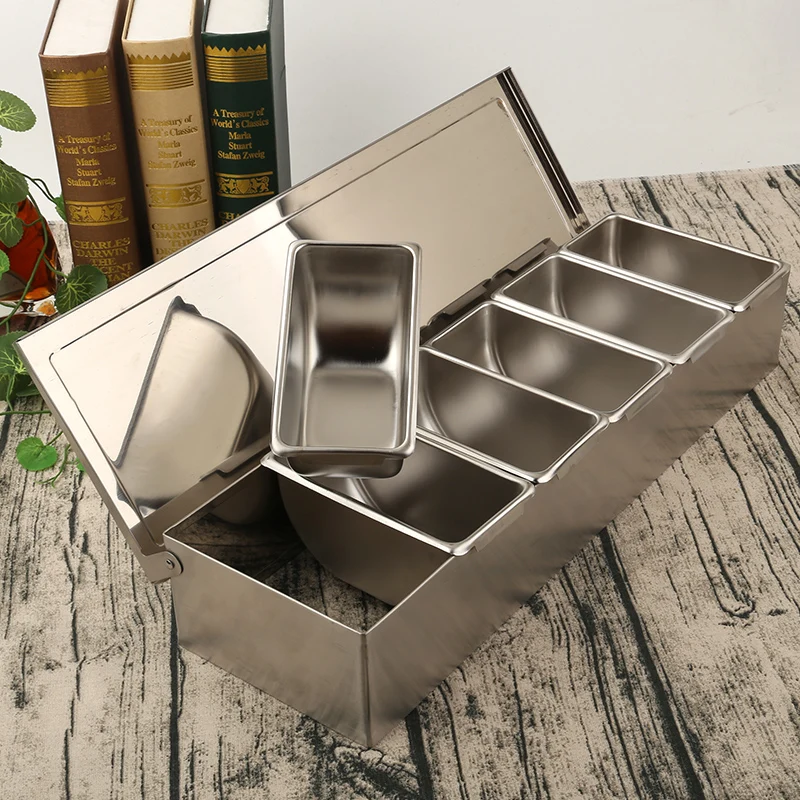 

6PCs Detachable 304 Stainless Steel Shell Spice Box With Spoon Hotel Chili Oil Tank Pepper Herb Sugar Salt Seasoning Storage Jar