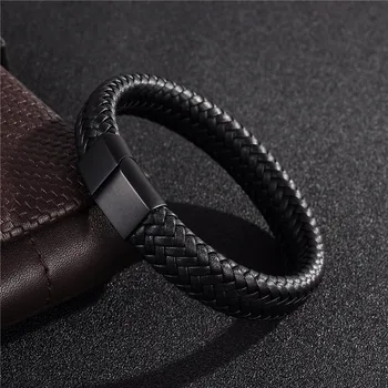 Outdoor Fashionable Braided Leather Titanium Stainless Steel Bracelet