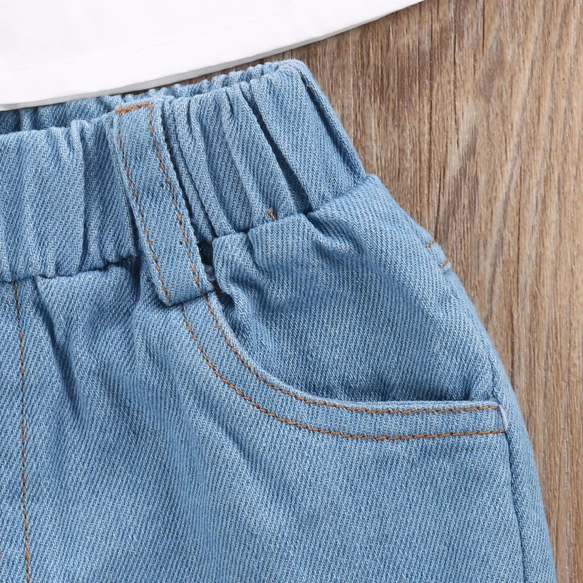 2Pcs Girls Kids Off Shoulder Outfits Baby Casual Toddler Tops Ripped Denim Pants Jeans Outfits Set Clothes