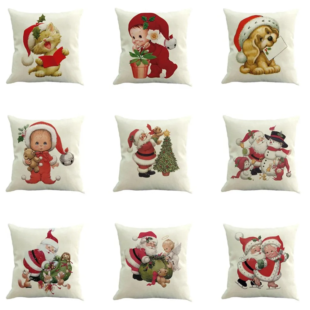 

Christmas Pillow Case Cotton Linen Santa Claus Snowman Printing Pillow Cover Sofa Car Home Waist Cushion Cover Throw Pillow Case