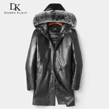 Men Genuine Leather Jackets Winter Warm Leather Down Coat Sheepskin thick Plus size Fox fur Hooded Black New Long Z1801