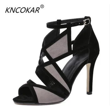 

KNCOKAR2018 Gauze open toe sandals female summer bandage high-heeled shoes open toe cutout thin heels black