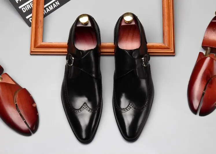 Casual Chaussures Respirant Pointu Glissent Sculpté Véritable Mariage chocolat De Smart Cuir En Hommes D'été Orteils Boucle Richelieu Noir Richelieus Sur qaawSW6B5